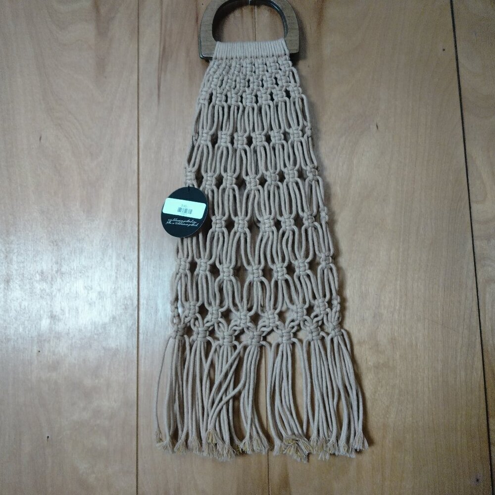 BOHEMIA Double Wood Handle Macrame Purse Beige Boho Hippie Beach Shopping Bag